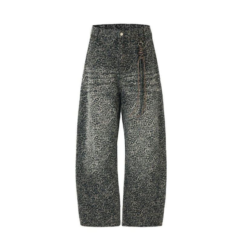 Leopard Print Wide-Leg Jeans – Vintage Washed Oversized Baggy Denim Pants
