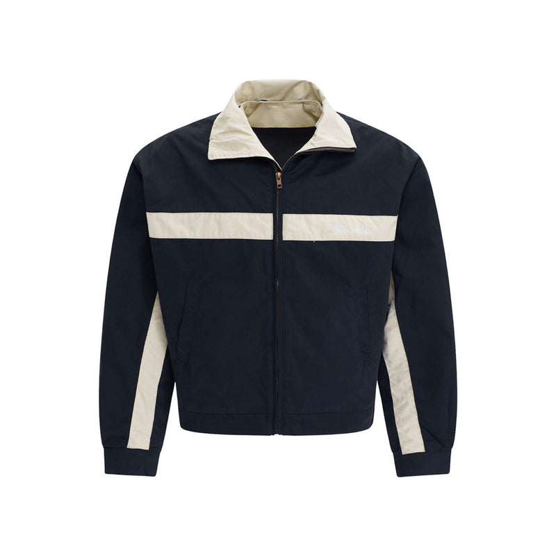 Men's two-tone colorblock zip-up jacket in navy and cream with contrast chest stripe and stand collar