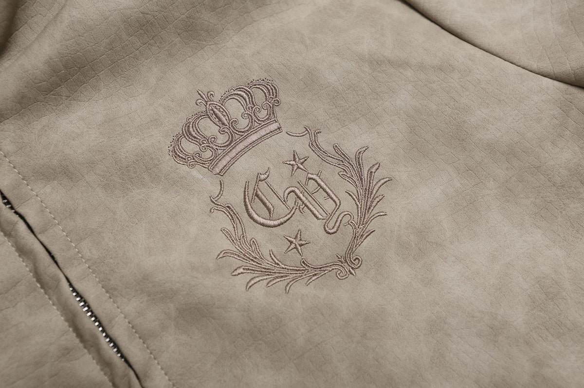 High Neck Leather Jacket with Leopard Side Panels & Crown Emblem