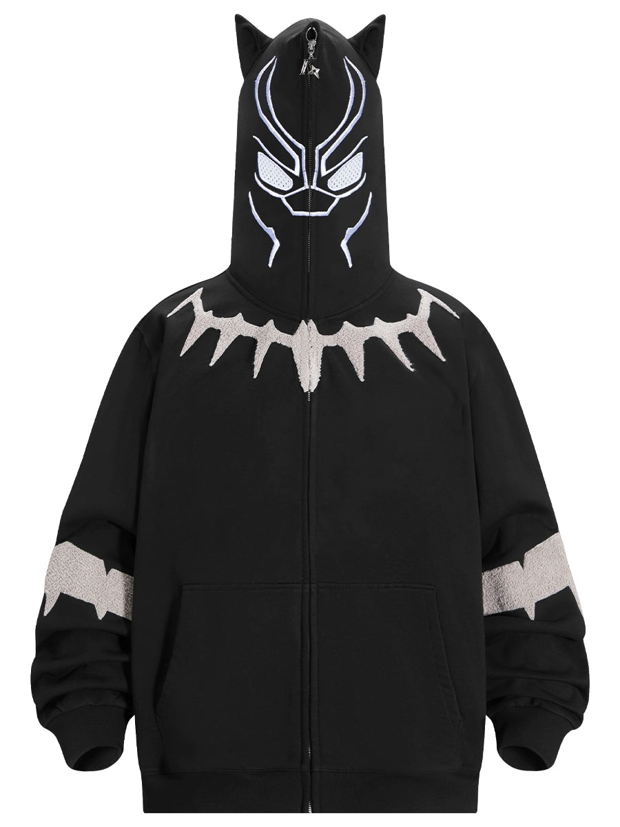 Black Panther-Inspired Hoodie - 400GSM Oversized Superhero Zip-Up Sweatshirt with Ear Design