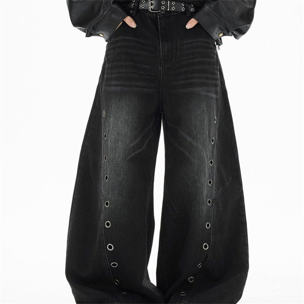 Men's Punk Wide-Leg Jeans with Metal Eyelet Detail – Deconstructed Baggy Denim