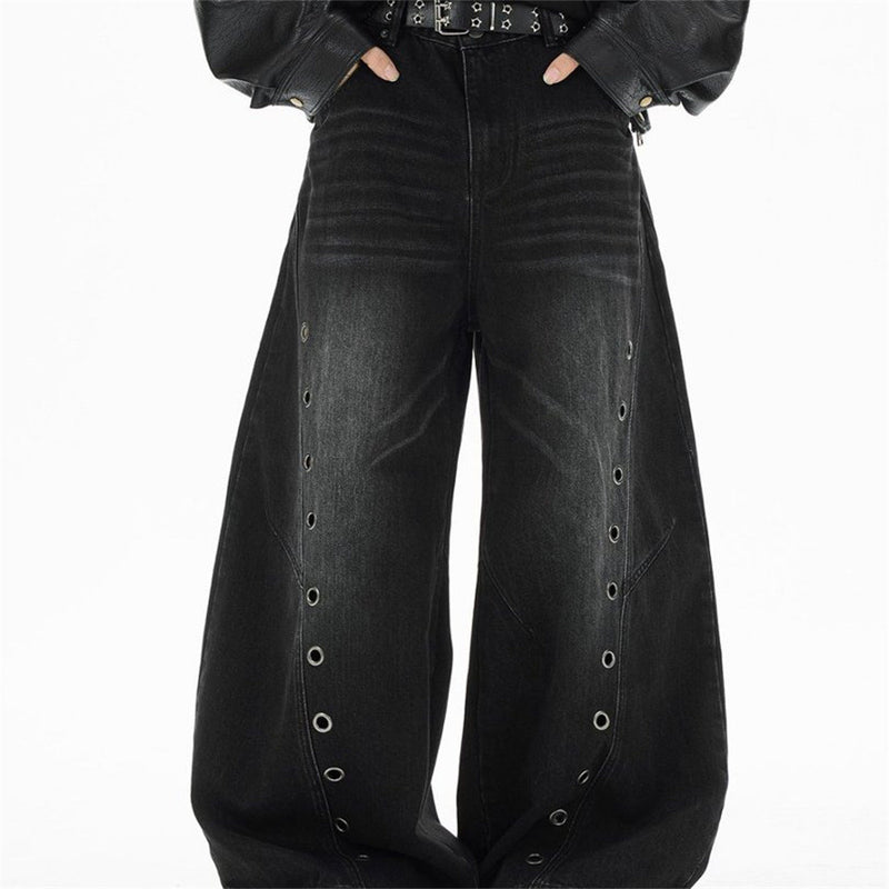 Men's Punk Wide-Leg Jeans with Metal Eyelet Detail – Deconstructed Baggy Denim