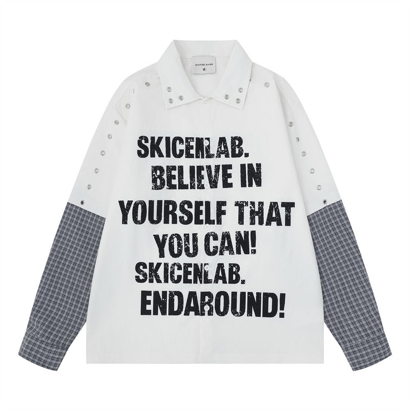 Men's faux two-piece plaid splice long sleeve shirt with metal eyelet shoulders and oversized letter print graphic in white