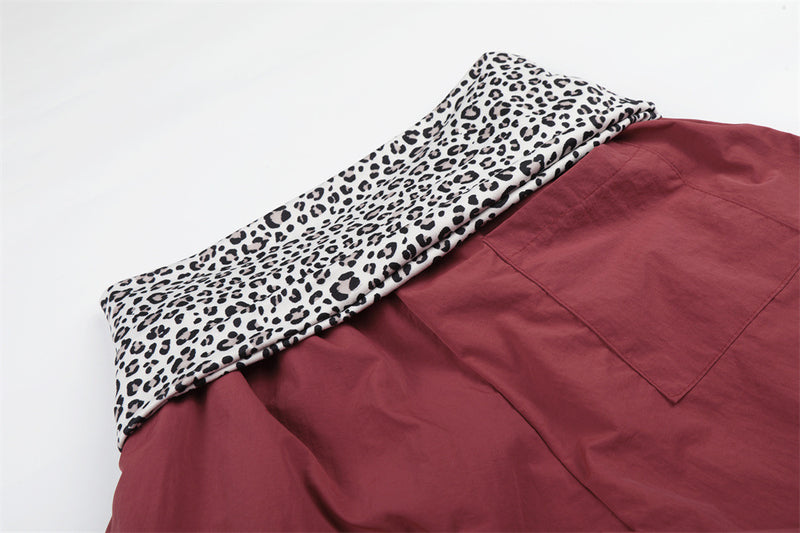 Wide-Leg Balloon Pants with Leopard Print Waistband & Drawstring Hem