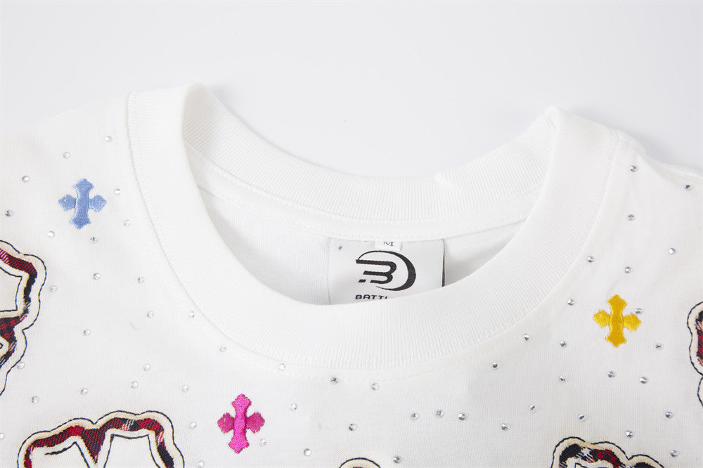 Cross Rhinestone Embroidery Oversized T-Shirt | Streetwear Graphic Tee