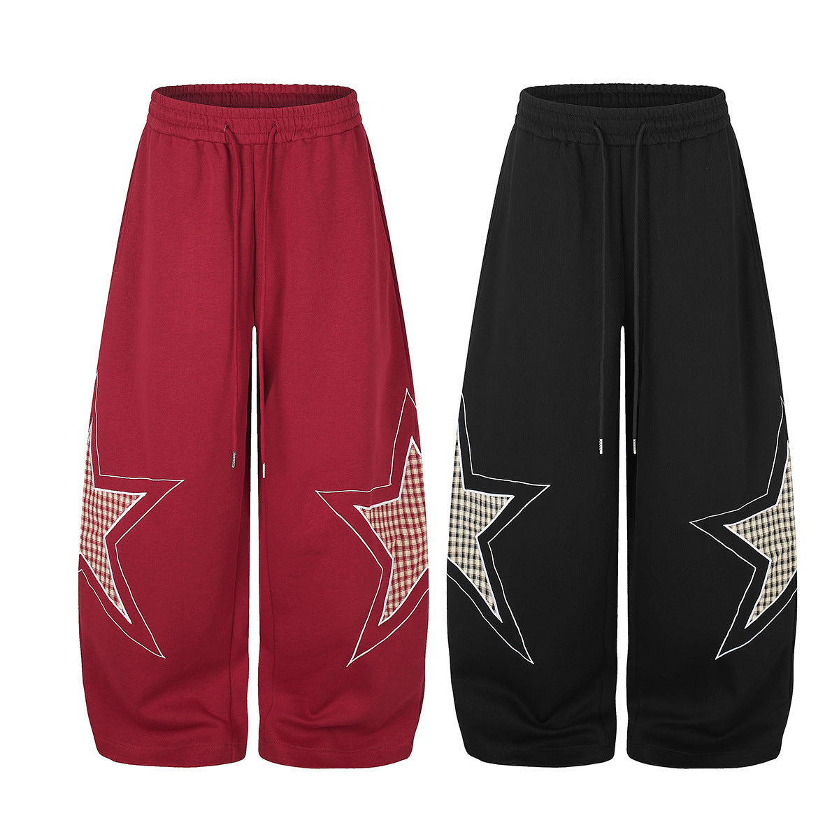 Wide-Leg Star Patch Sweatpants – Oversized Streetwear Joggers with Plaid