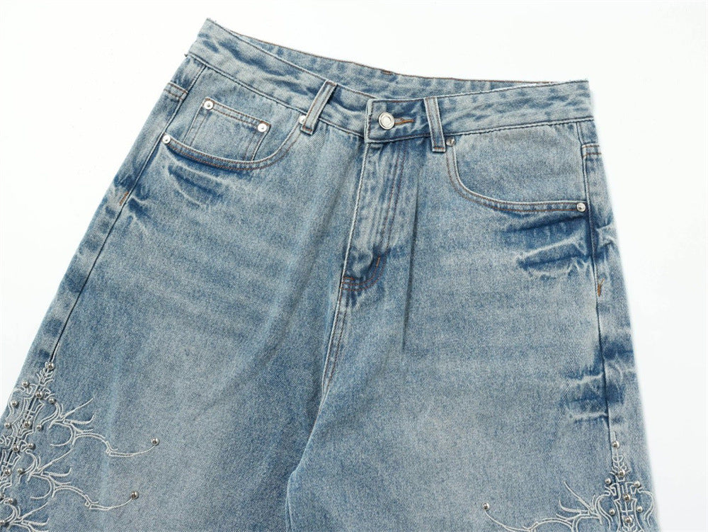 Men's Baggy Wide-Leg Jeans – Studded & Embroidered Washed Denim