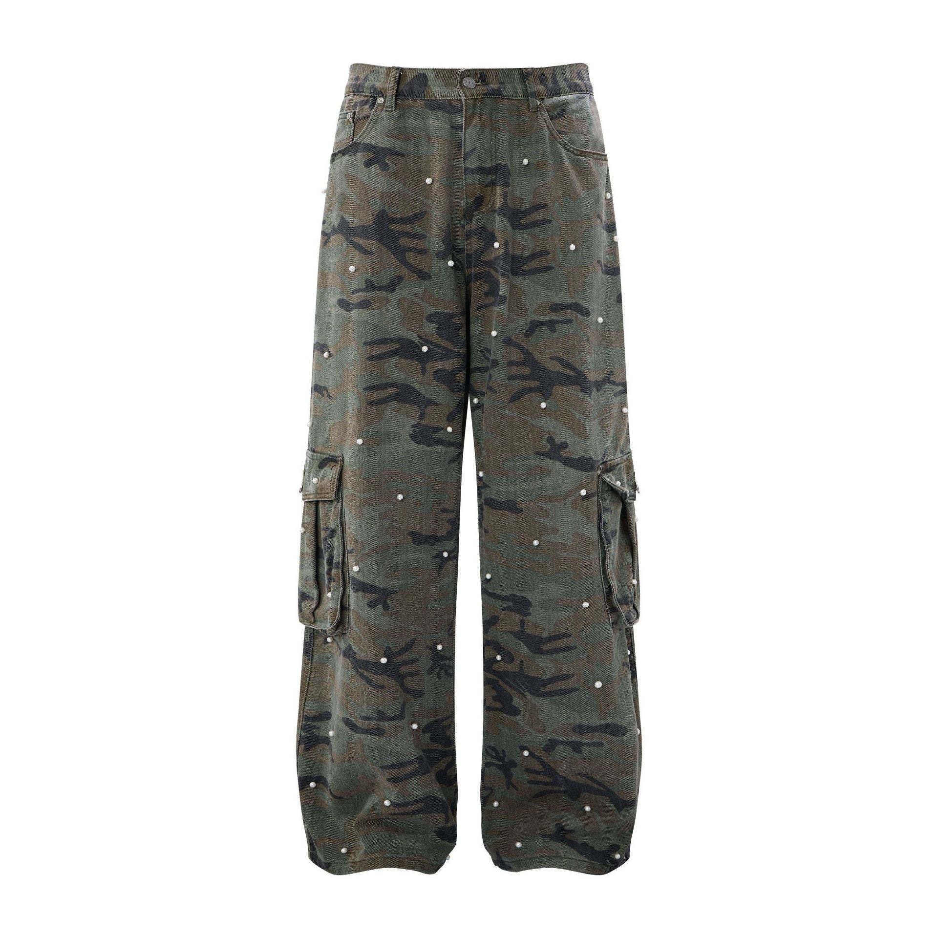 Wide-leg camouflage cargo pants with scattered pearl studs and dual flap cargo pockets, front and back view