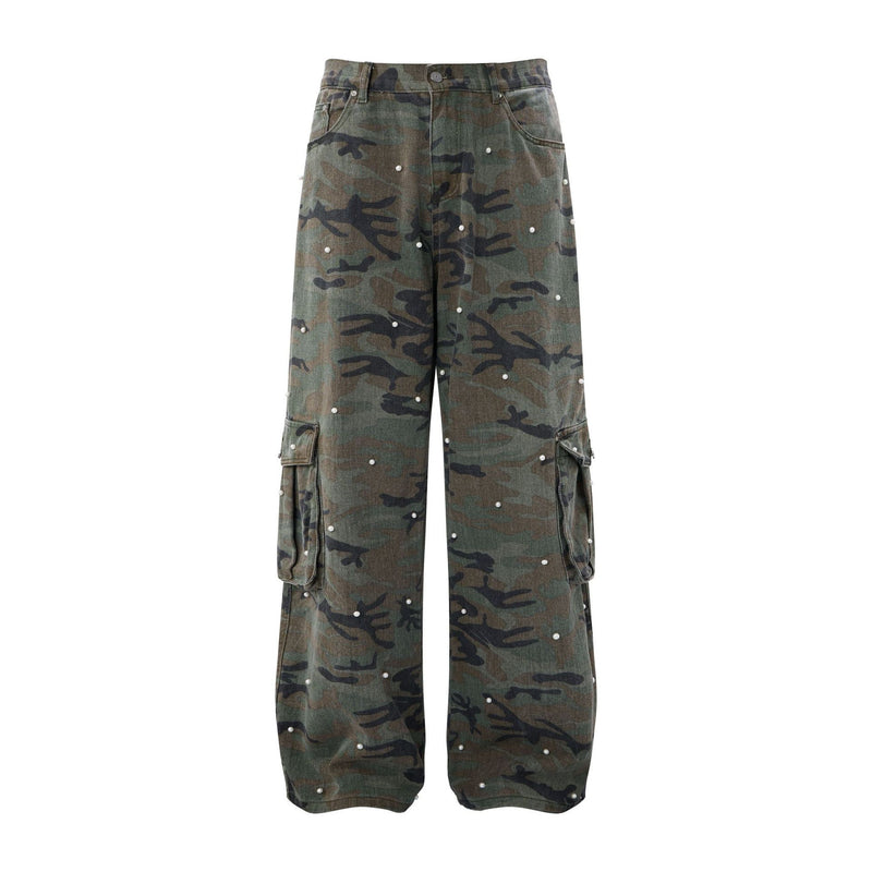 Wide-leg camouflage cargo pants with scattered pearl studs and dual flap cargo pockets, front and back view