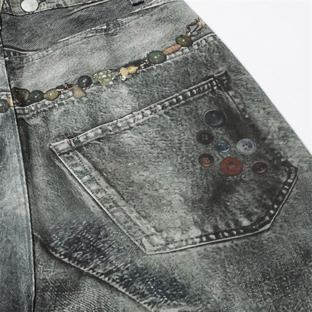 Wide-Leg Jeans with Chain & Bead Embellishments – Vintage Dirty-Wash Punk Denim