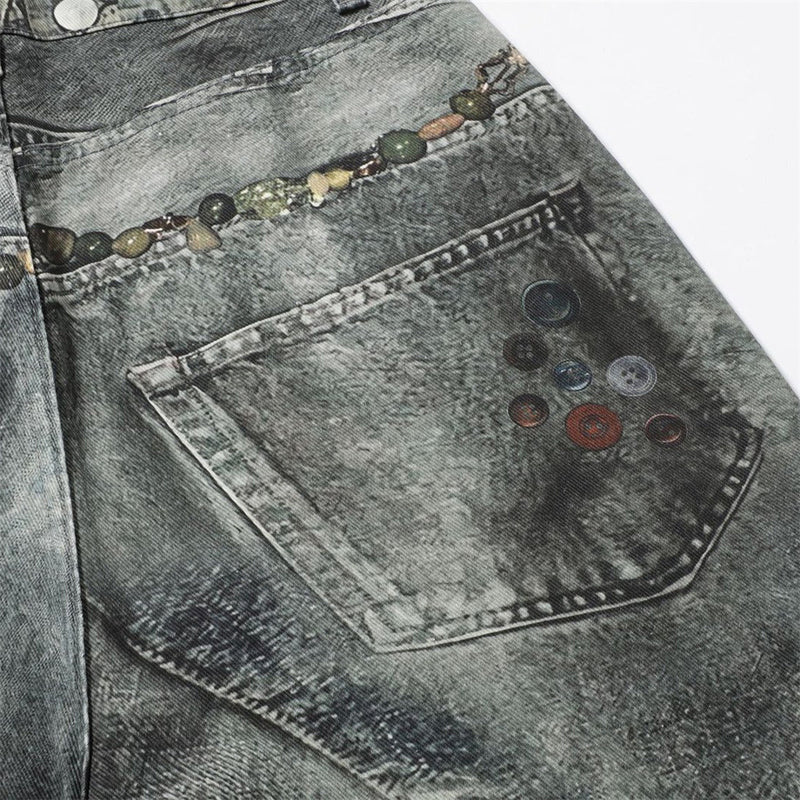 Wide-Leg Jeans with Chain & Bead Embellishments – Vintage Dirty-Wash Punk Denim