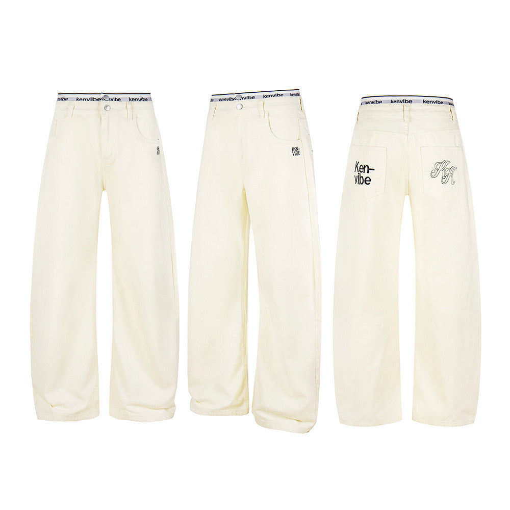 Wide-Leg Jeans with Letter Embroidery & Logo Waistband — Off White