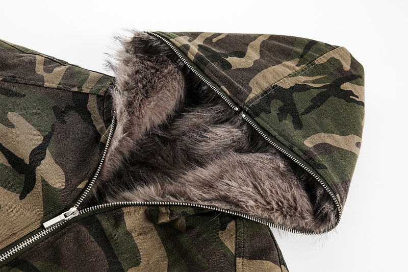 Blouson bomber homme camouflage doublé en fausse fourrure avec capuche