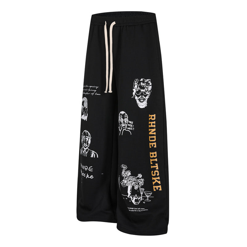 Abstract Portrait Graphic Wide-Leg Sweatpants – Men's Loose Fit Hip-Hop Street