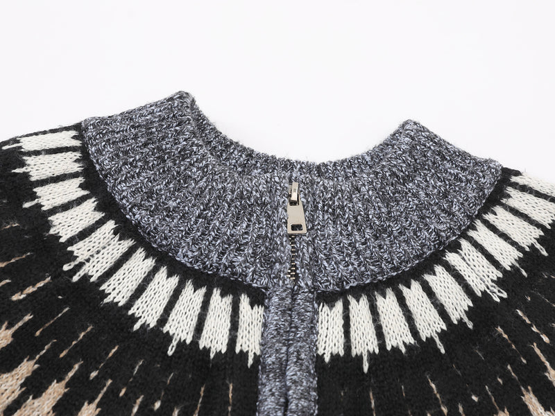 Fair Isle Jacquard Knit Zip-Up Sweater – Vintage Half-Zip Pullover