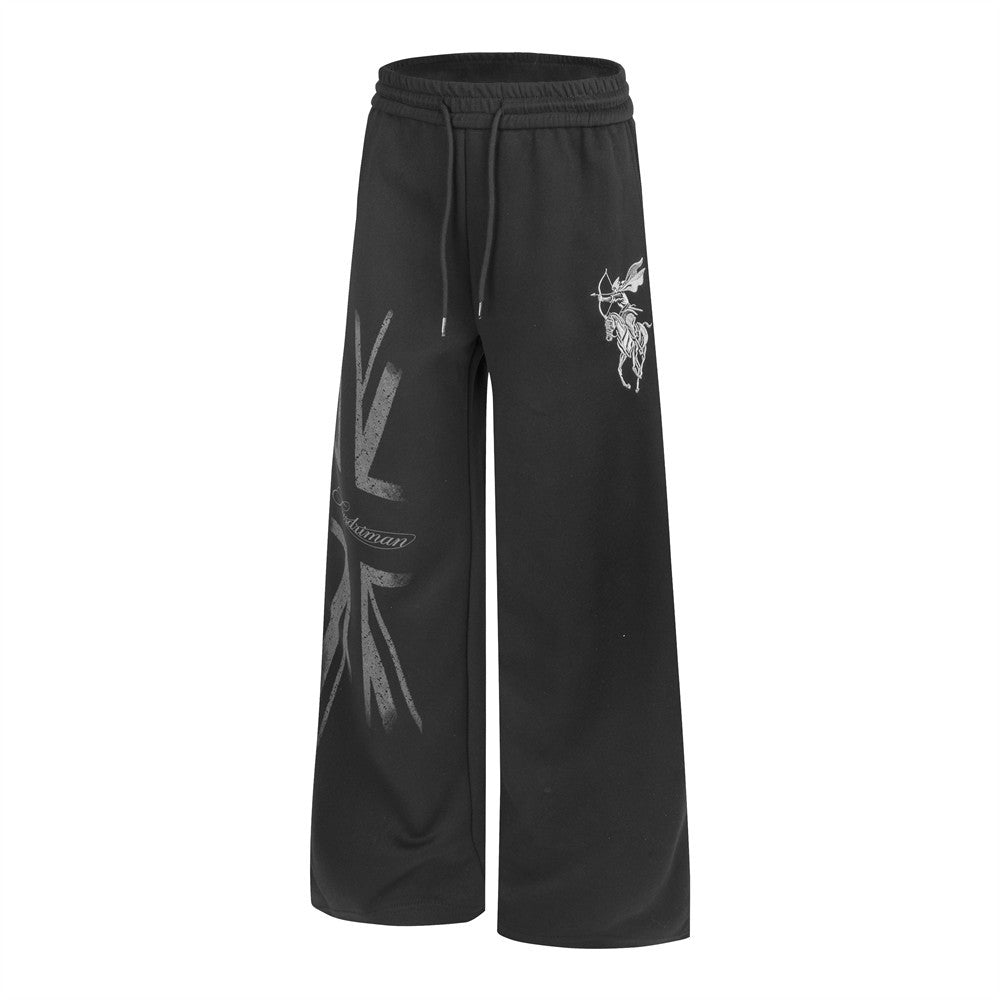 Men's Black Wide-Leg Sweatpants with Union Jack & Star Graphic Print