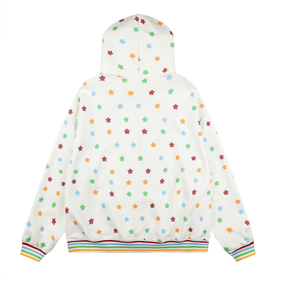 Hoodie zippé homme à imprimé étoiles colorées et capuche en fausse fourrure — Oversize hip-hop