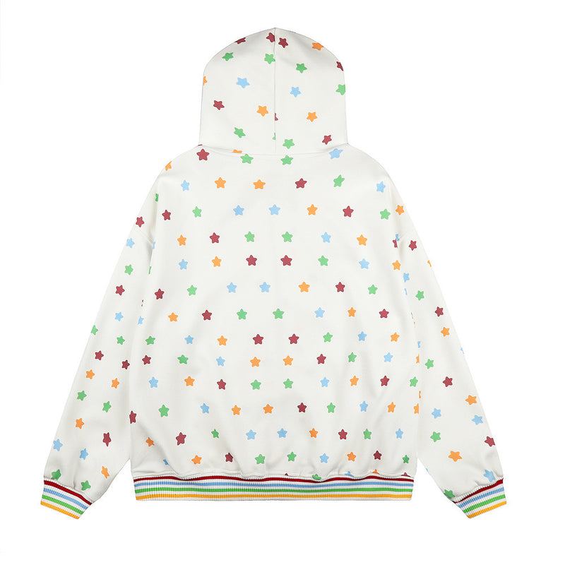 Hoodie zippé homme à imprimé étoiles colorées et capuche en fausse fourrure — Oversize hip-hop