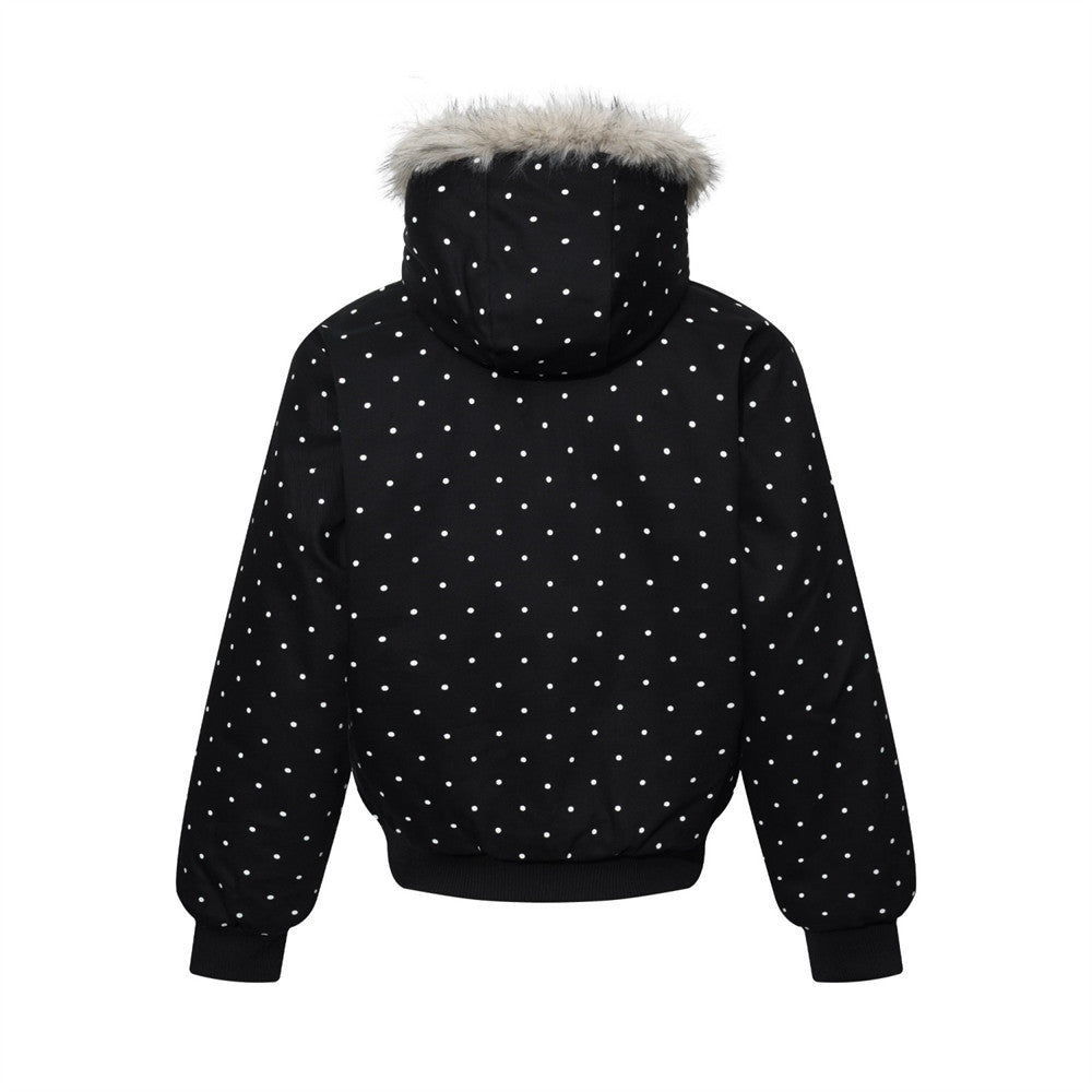 Bomberjacke mit Kapuze, Kunstfellbesatz und besticktem Schriftzug im Polka-Dot-Muster