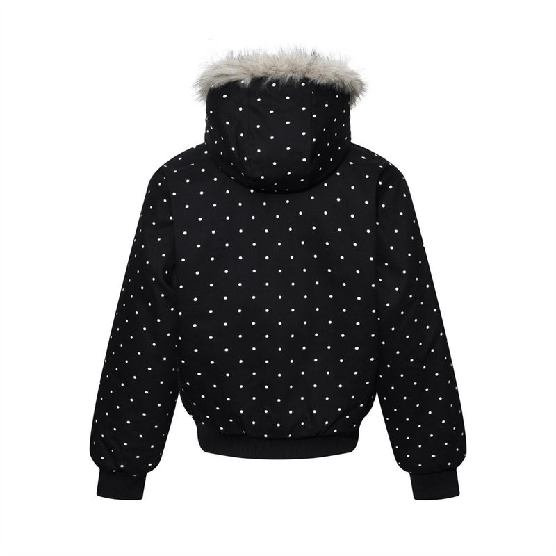 Bomberjacke mit Kapuze, Kunstfellbesatz und besticktem Schriftzug im Polka-Dot-Muster