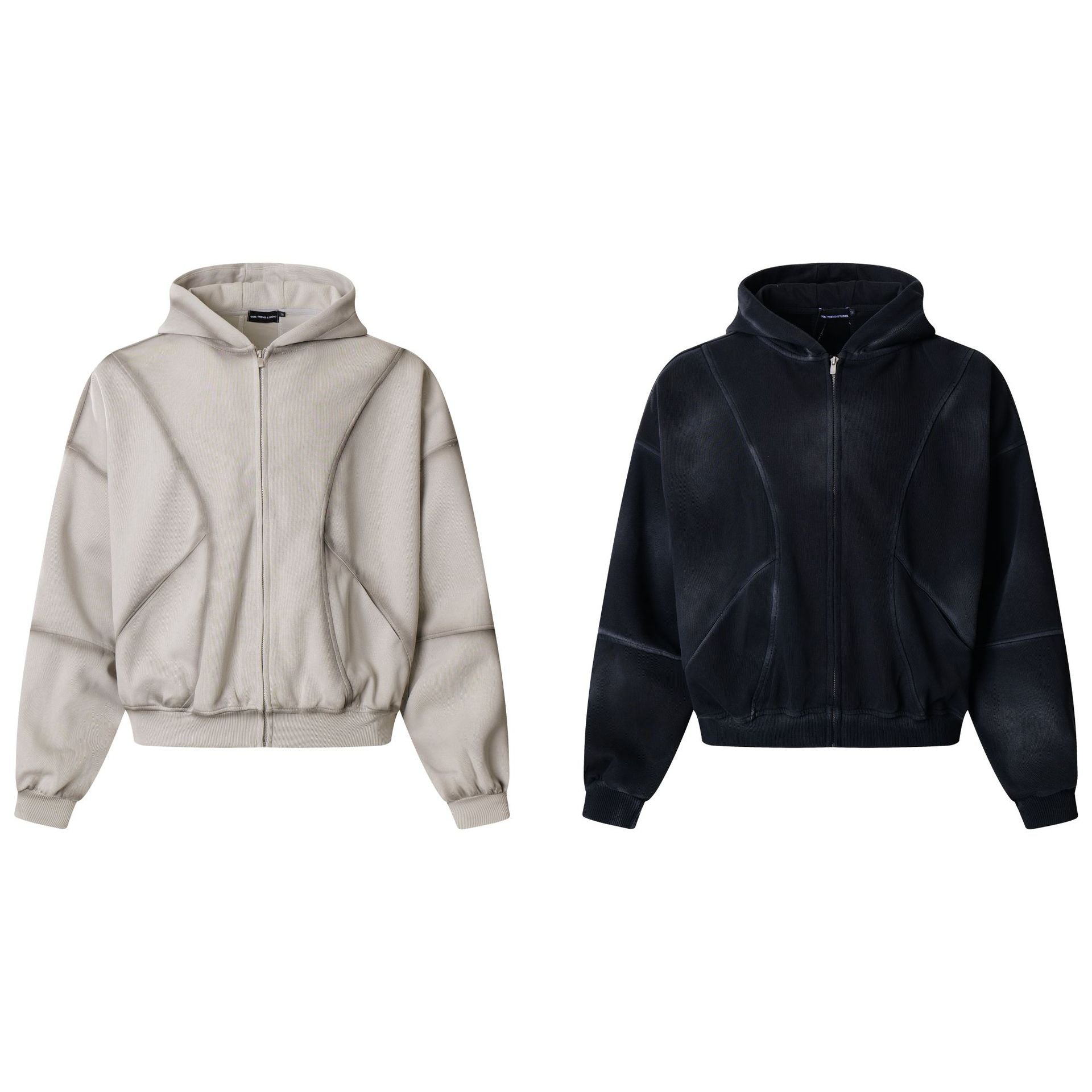 Sudadera de hombre con capucha y cremallera, paneles lavados y corte extragrande