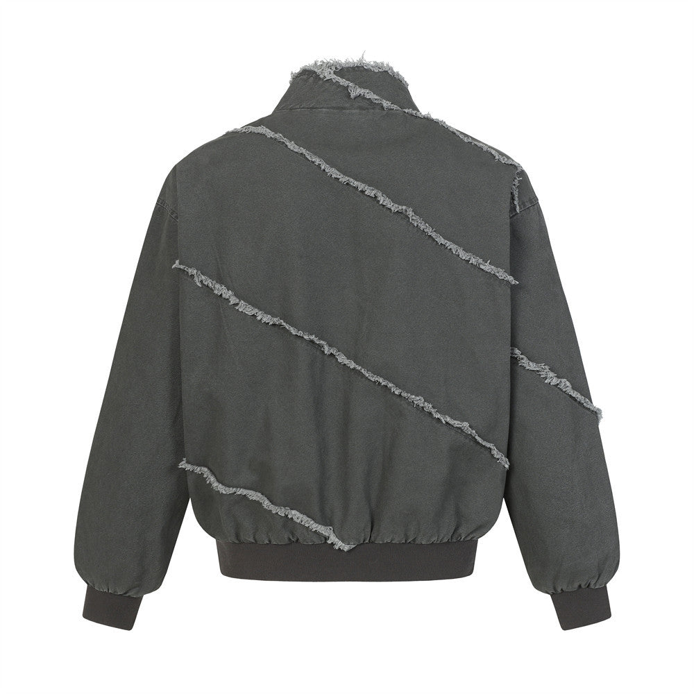 Blouson bomber déconstruit en toile à coutures effilochées et zip diagonal