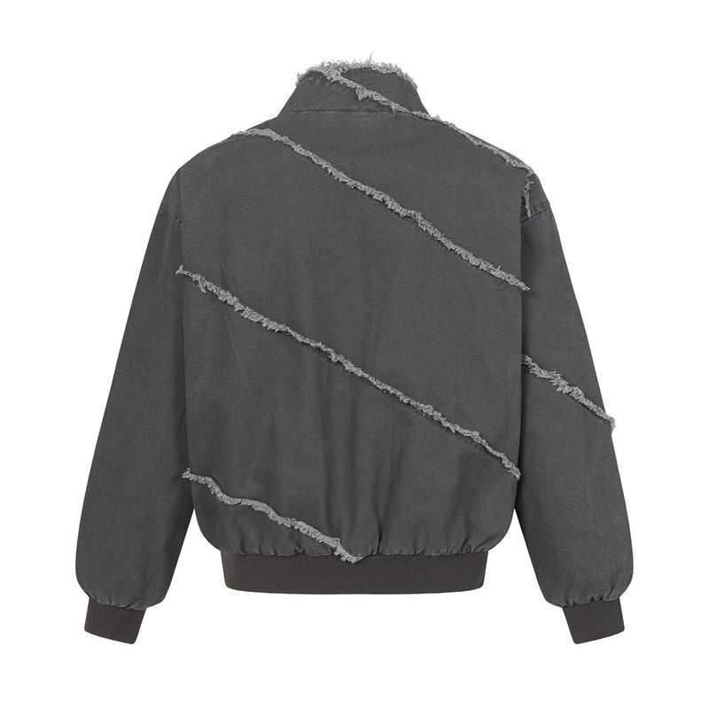 Blouson bomber déconstruit en toile à coutures effilochées et zip diagonal