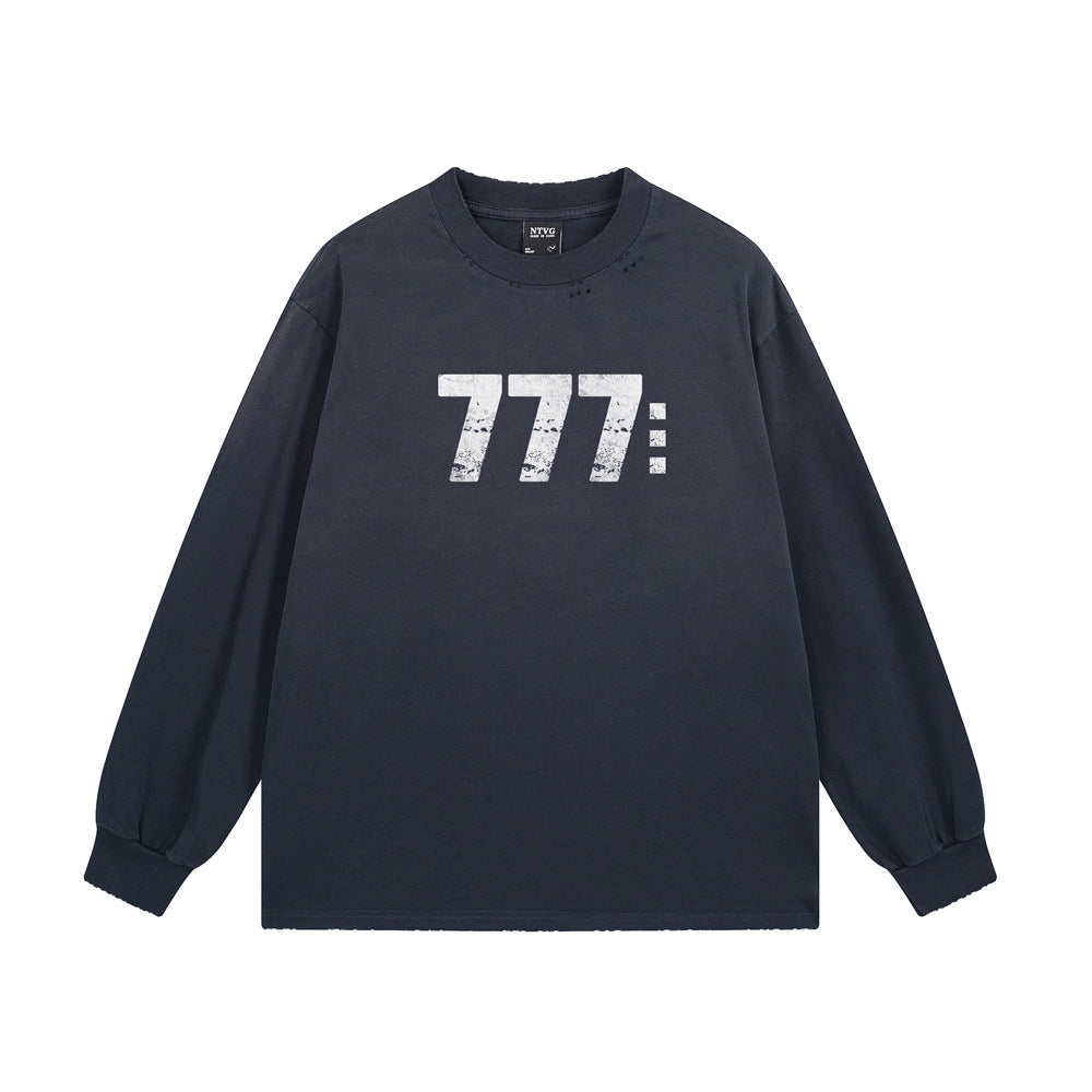Langarmshirt mit 777-Zahlendruck – Used-Look-Rundhals-Streetwearshirt