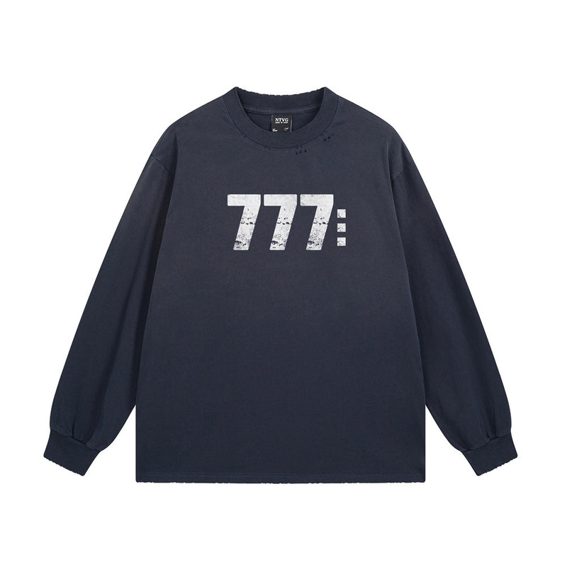 Langarmshirt mit 777-Zahlendruck – Used-Look-Rundhals-Streetwearshirt
