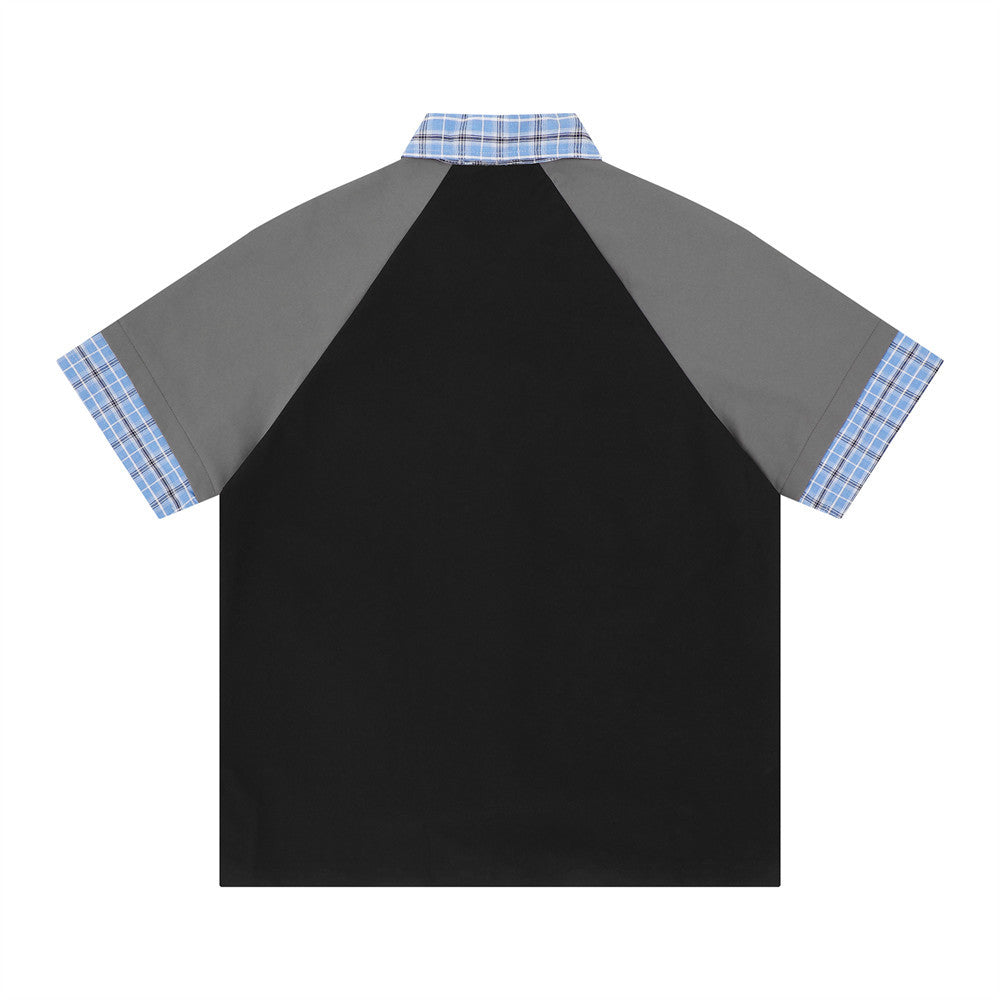 Colorblock Raglan Short Sleeve Shirt with Plaid Collar