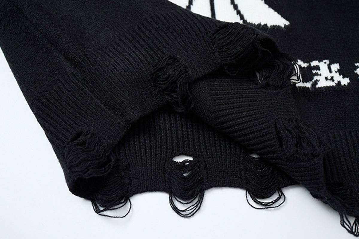 Crew Neck Knit Sweater Gothic Cross Distressed Hem Streetwear