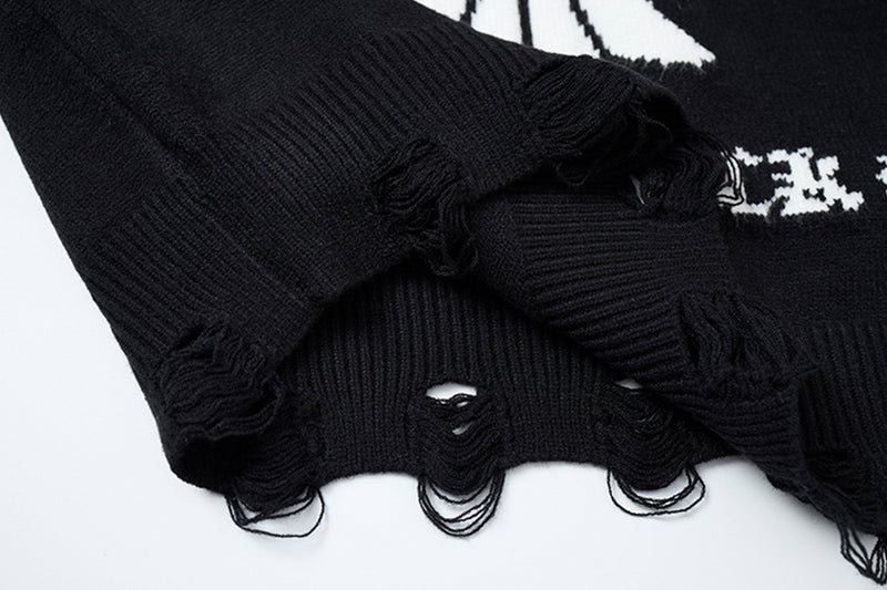 Crew Neck Knit Sweater Gothic Cross Distressed Hem Streetwear