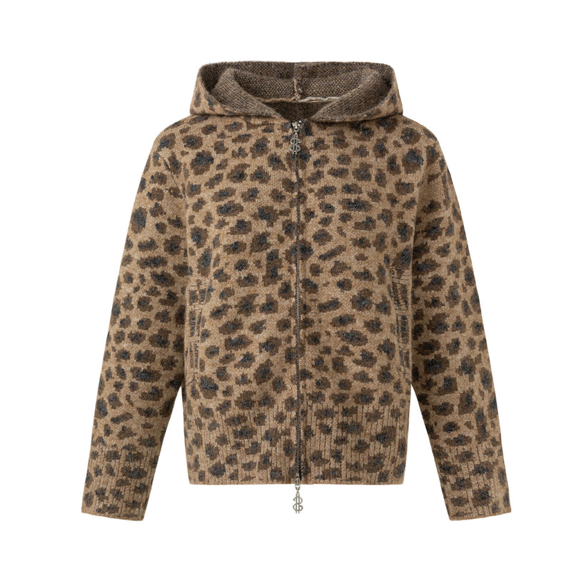 Leopard Print Knit Zip-Up Hoodie – Relaxed Fit Unisex Sweater Jacket