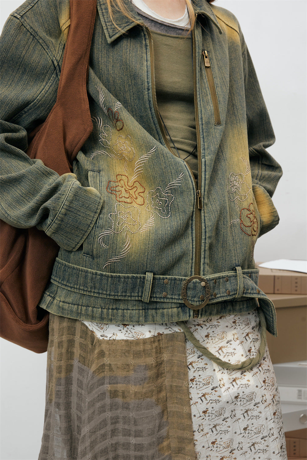 Vintage Washed Denim Jacket – Floral Embroidery, Zip-Up, Belted Waist