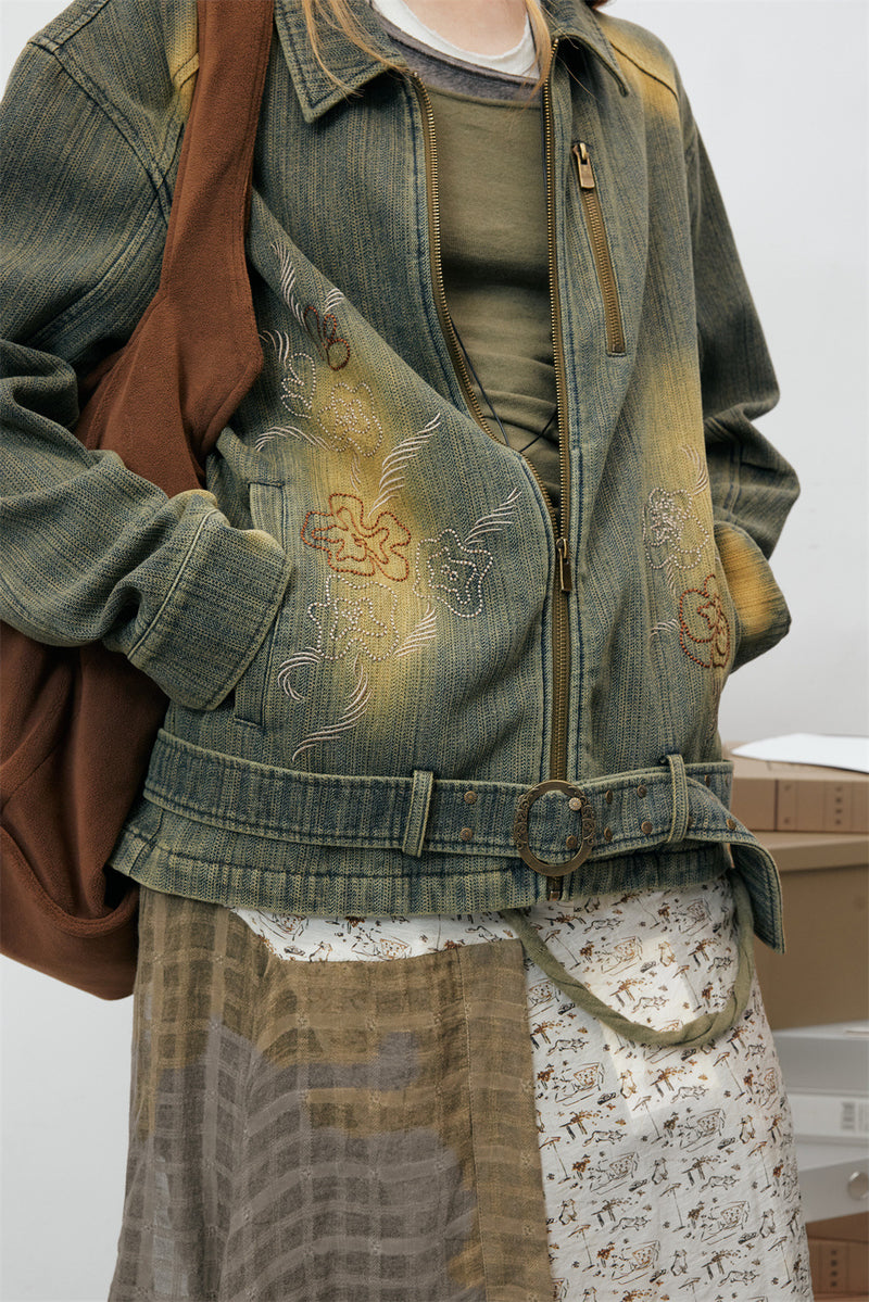 Vintage Washed Denim Jacket – Floral Embroidery, Zip-Up, Belted Waist