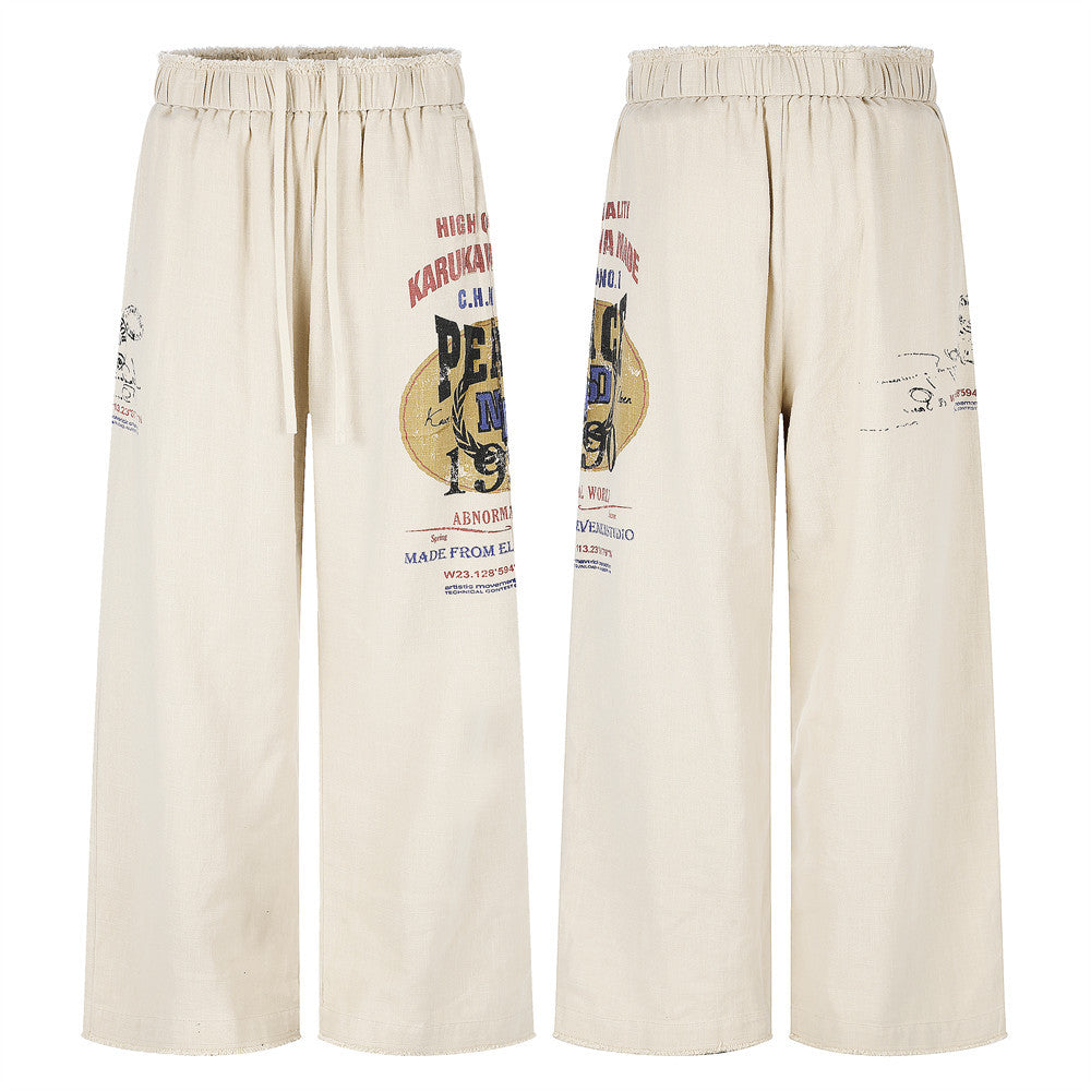 Wide-Leg Graphic Print Pants – Raw Hem Elastic Waist Straight Trousers