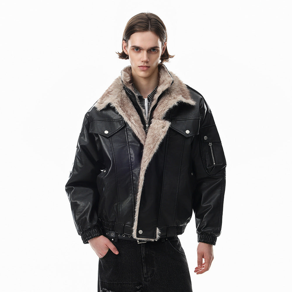 Men's Faux Leather Fur-Lined Bomber Jacket with High Collar & Asymmetric Placket