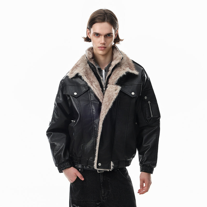 Men's Faux Leather Fur-Lined Bomber Jacket with High Collar & Asymmetric Placket