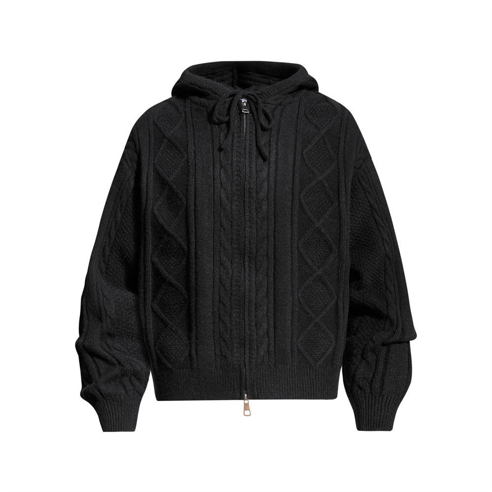 Sweat à capuche zippé en maille torsadée à motif losanges et capuche à cordon