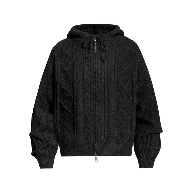 Sweat à capuche zippé en maille torsadée à motif losanges et capuche à cordon