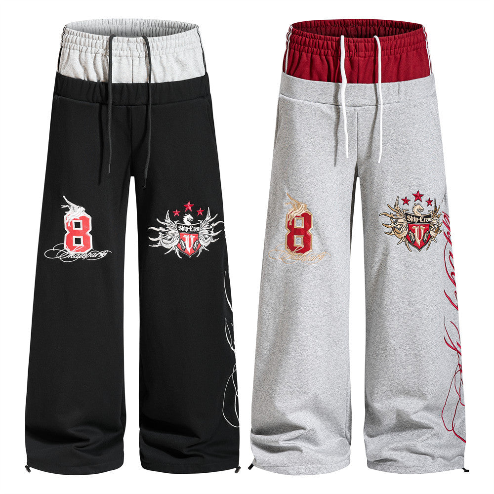 Men's Colorblock Double Waistband Wide-Leg Sweatpants with Embroidered Graphic
