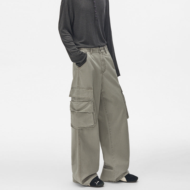 Pantalon cargo homme à jambes larges – Pantalon droit délavé à poches multiples