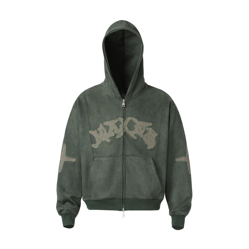 Baggy Zip Up Hoodie with Letter Appliqué — Oversized Streetwear Zip Hoodie