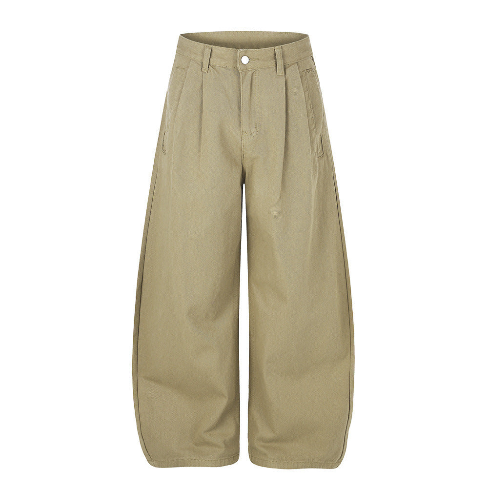 Wide-Leg Pleated Trousers – Curved Barrel Fit with Contrast Stitching