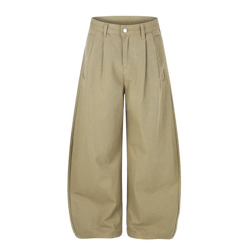 Wide-Leg Pleated Trousers – Curved Barrel Fit with Contrast Stitching