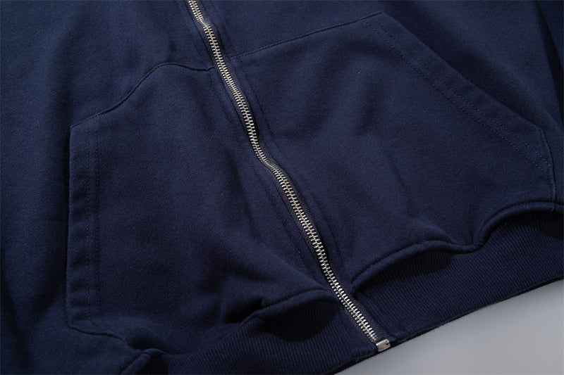 Rebirth 7 Colorblock-Zip-Hoodie – Distressed Varsity-Sweatshirt in Navy & Creme
