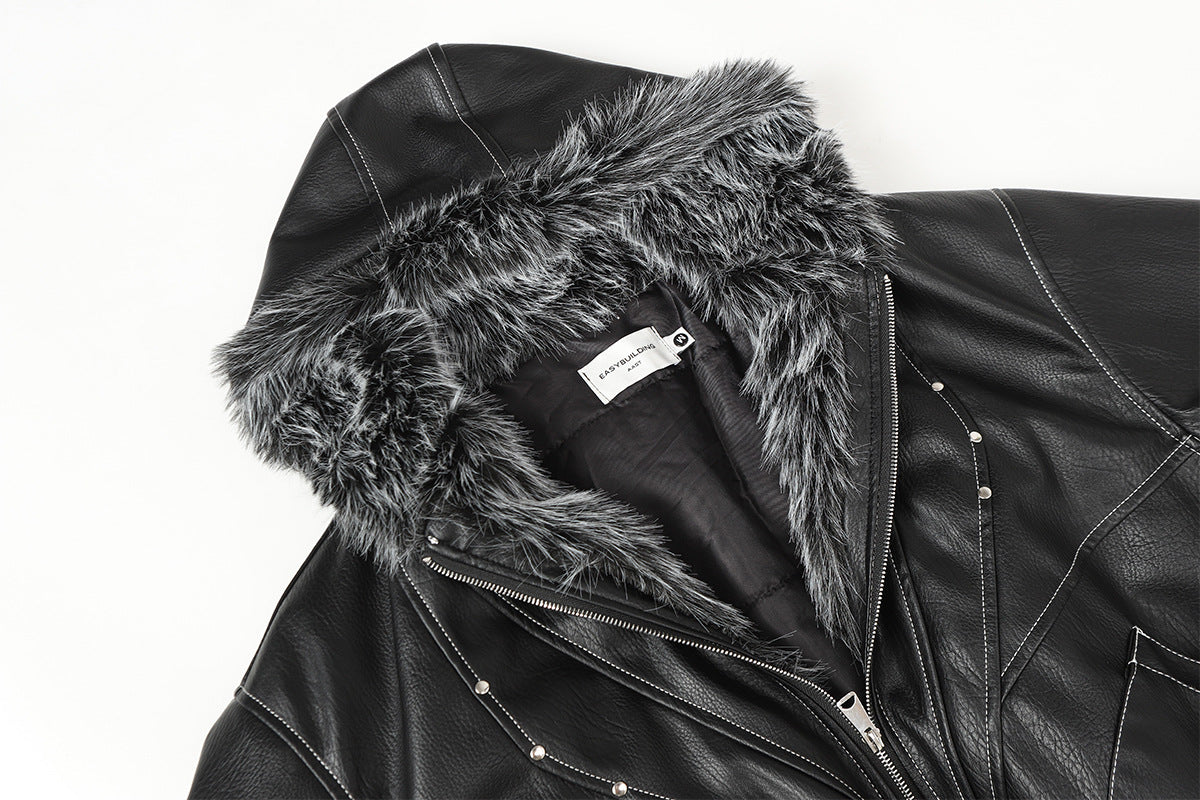 Faux Leather Hooded Bomber Jacket with Faux Fur Collar & Padded Lining