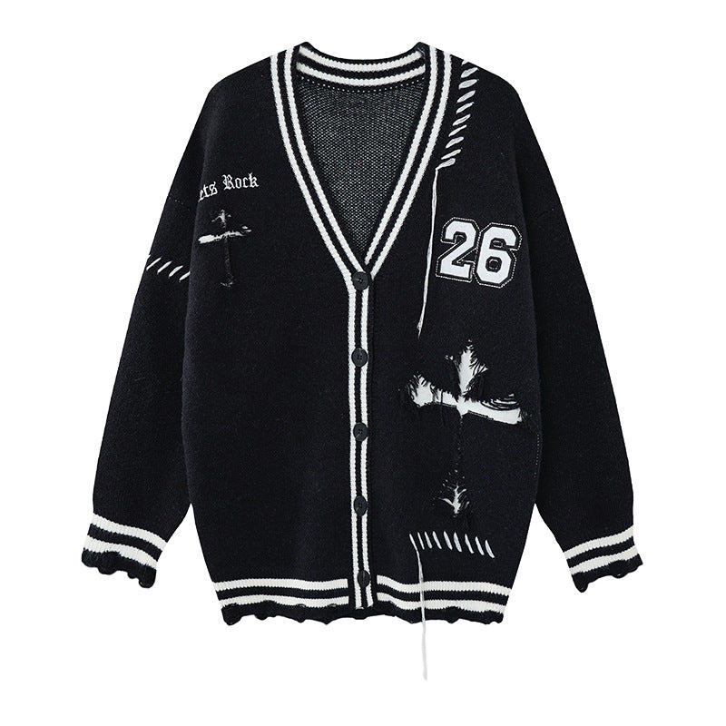 Oversized-schwarzer Herren-Strickcardigan mit Used-Kreuzmotiv, Varsity-Streifenbesatz und Patch mit der Nummer 26