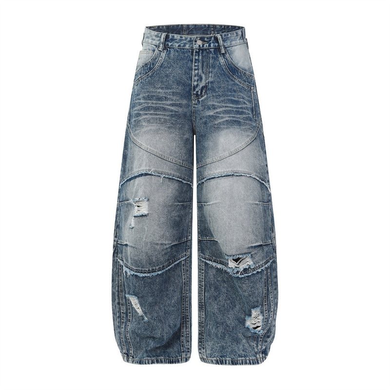 Gradient Washed Ripped Wide-Leg Jeans – Baggy Patchwork Dad Pants
