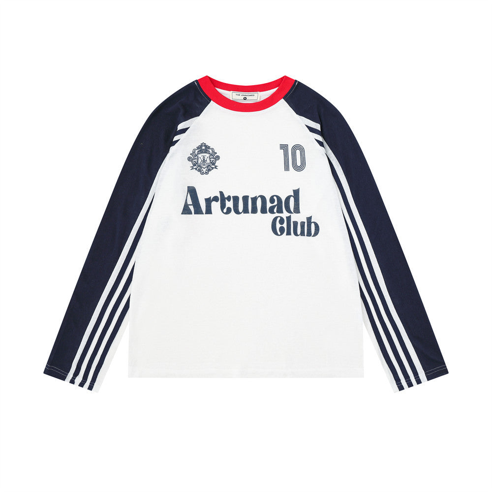 Artunad Club raglan long-sleeve graphic tee in white with navy sleeves, red ribbed crew neck, and number 10 chest print